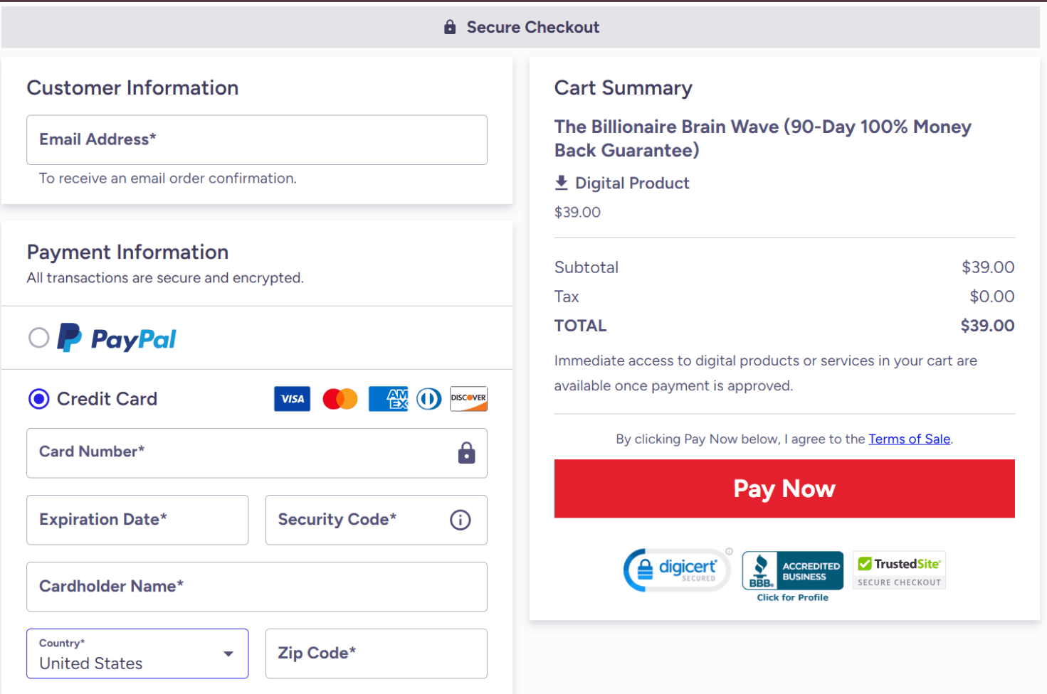 Personal Information for Order